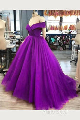 A Line Off The Shoulder Purple Tulle Formal Prom Dresses Long Formal Gown